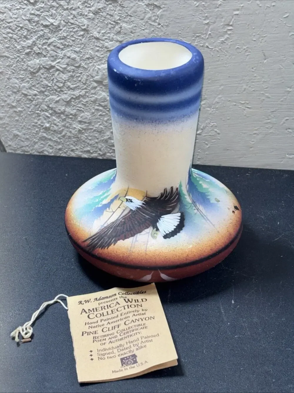 RWA Eagles Hand Printed Native American Handmade Pottery Vase 5.5” Tall 1999
